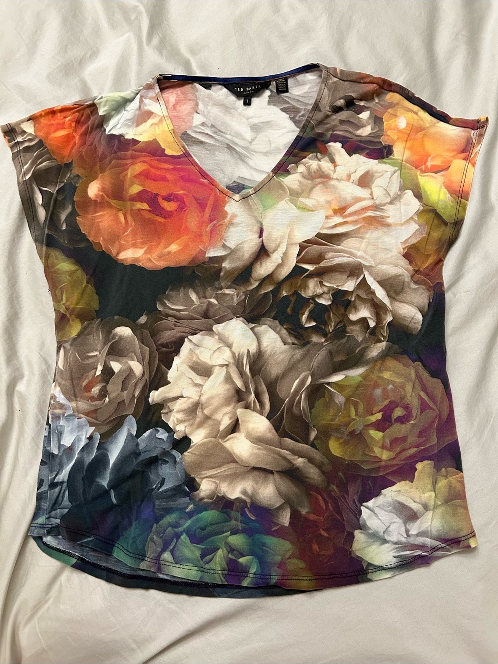 Ted Baker Floral V-Neck Short Sleeve Top in Multicolor